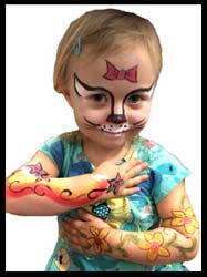 Birthday child gets facepainting as Hello Kitty and arms body painted with rainbow and flowers nyc