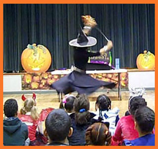 Daisy Doodle Diabolica's opening number to music in her halloween kids party magic show nyc