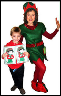 Daisy Doodle dressed as elf character for magic trick at kids holiday party in Bronx NYC