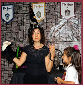 Daisy Doodle and magic bunny try to read birthday girls mind during Harry Potter magic show in Connecticut